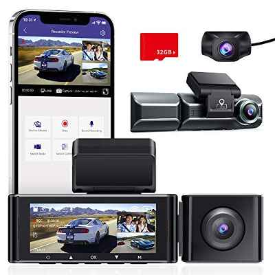 2K+1080P+1080P Dash cam, AZDOME 3-Channel (Front & Cabin & Rear) 3.19'' IPS Built in GPS WiFi Car Dash Camera, 4K+1080P Dual Camera, Sony IMX307 Night Vision, Loop Recording,Parking Mode,Support 128GB