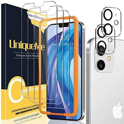 [3+2 Pack] UniqueMe Compatible con iPhone 12 6.1 Pulgada Protector de Pantalla y Protector de Lente de cámara, Vidrio Templado [9H Dureza] HD Film Cristal Templado