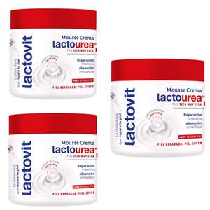 3 x Lactovit - Mousse Crème Hidratante Lactourea Cuerpo y Cara 24 Horas Duración, Pieles Secas y Muy Secas - 400 ml [Unidad 2'66€]