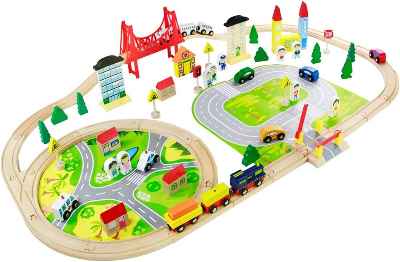 82 Piezas Trenes de juguete con coches y pista de madera 