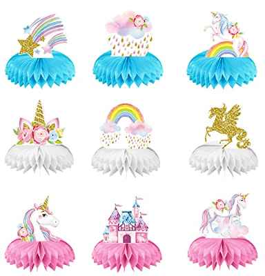 通用, 9 Piezas Centros de Mesa con Forma de Panal de Unicornio Arcoíris Topper de Mesa de Panal de Unicornio Brillante para Suministros de Decoración de Fiesta Cumpleaños de Panal de Unicornio