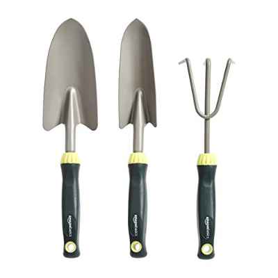Amazon Basics Lote de herramientas de jardinería de 3 piezas, con paleta, transplantador de mano y cultivador de mano