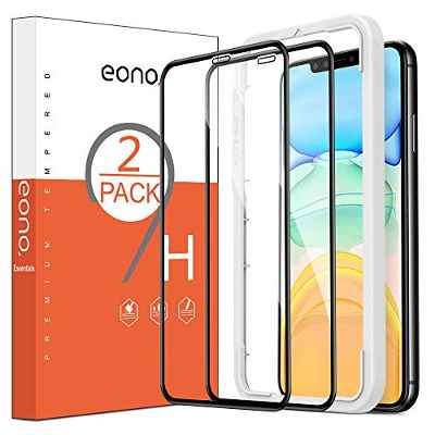 Amazon Brand - Eono Protector Pantalla para iPhone 11 y iPhone XR Cristal Templado, con Posicionador, Sin Burbujas, 6.1 Pulgadas, Negro, 2 Piezas