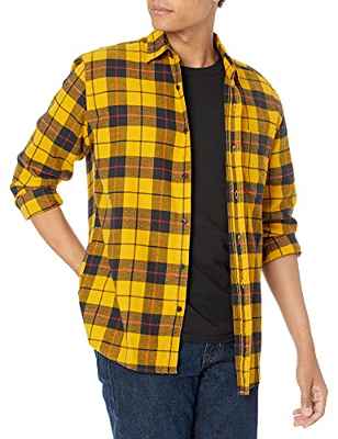 Amazon Essentials Camisa de franela, manga larga (Disponible en Tallas Grandes) Hombre, Amarillo, Cuadros Escoceses, L