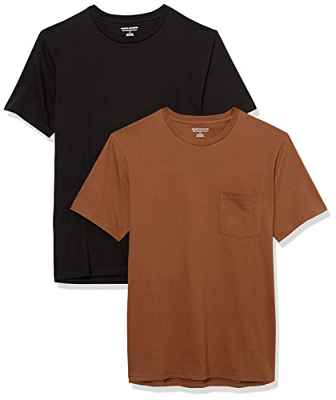 Amazon Essentials Camiseta con Bolsillo de Cuello a la Caja, Manga Corta y Ajuste Entallado Hombre, Pack de 2, Negro/Marrón, M