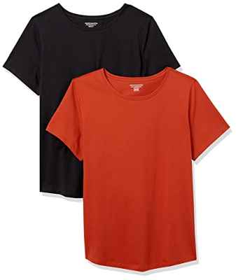 Amazon Essentials Camiseta de Cuello a la Caja de Manga Corta, 100 % Algodón y Ajuste Clásico Mujer, Pack de 2, Negro/Rojo Ladrillo, L