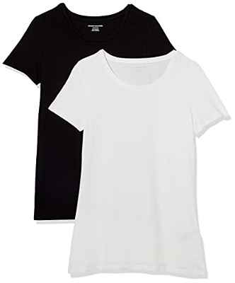Amazon Essentials Camiseta de Cuello Caja de Manga Corta y Ajuste Clásico Mujer, Pack de 2, Negro/Blanco, L