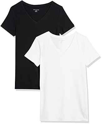 Amazon Essentials Camiseta de Cuello en V de Manga Corta y Ajuste Clásico Mujer, Pack de 2, Negro/Blanco, XS