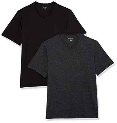 Amazon Essentials Camiseta de manga corta, cuello de pico, corte recto (Disponible en Tallas Grandes) Hombre, Pack de 2, Negro/Carbón Mezcla, XL