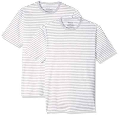 Amazon Essentials - Pack de 2 camisetas de manga corta con cuello redondo y diseño a rayas para hombre, Gris jaspeado claro/ blanco, US L (EU L)