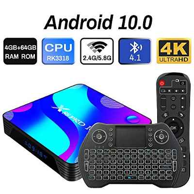 Android 10.0 TV Box 4GB 64GB Decodificador Smart TV Box RK3318 USB 3.0 1080P ultra HD 4K HDR WiFi 2.4GHz 5.8GHz BT 4.1 Reproductor Multimedia de Transmisión con Mini Teclado Inalámbrico Retroiluminado