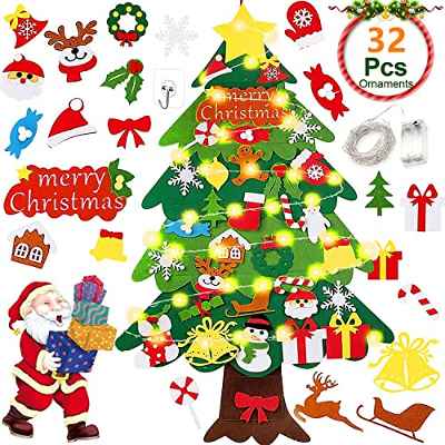 Árbol de Navidad de Fieltro,32 Ornamentos Desmontables El árbol de Navidad de 3.7ft para Regalos navideños, Decoración de Navidad para Paredes y Puertas del hogar (con Cadena de Luces LED)