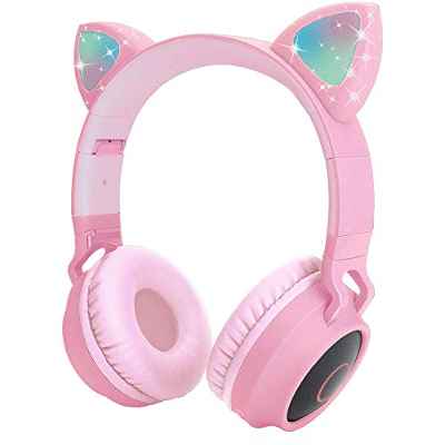 Auriculares Bluetooth para niños, LED Cascos Bluetooth Inalámbricos, Auriculares Plegable para niños con Orejas de Gato, 85dB Volumen Limitado para niños,niñas y Adultos(Rosa)