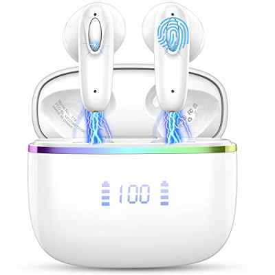 Auriculares Inalambricos, Auriculares Bluetooth 5.3 con 4 HD Mic, 40H HiFi Estéreo Cascos Inalambricos Bluetooth, Controlador de 13 mm, In-Ear Auriculares Pantalla LED, IP7 Impermeable, USB-C, Blanco