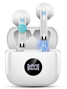 Auriculares Inalambricos, Bluetooth 5.3 HiFi Estéreo con HD Mic, Impermeable, Pantalla LED, Reproducción de 40H, Control Táctil, Blanco