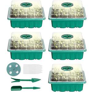 Aurorast Mini Invernadero para Plantas, 5 x 60 Compartimentos con Tapas para Vivero Interior Ventilado + herramientas