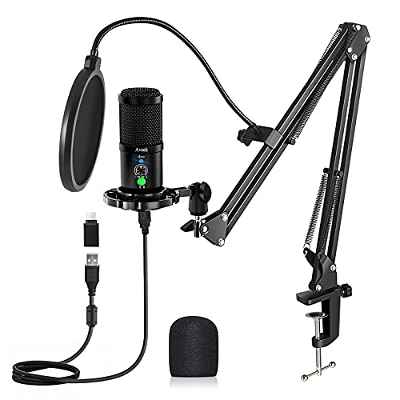 Aveek Micrófono USB condensador, Juegos de Micrófonos Podcasts con Soporte de Micrófono, Amortiguador, Parabrisas y Filtro Pop para Grabadora, Estudio, Transmisión, Youtube y Video