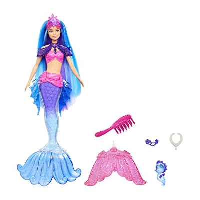 Barbie Mermaid Power Malibu Muñeca sirena con pelo azul, cola fantasía, caballito de mar, cepillo y accesorios de joyería, juguete de regalo +3 años (Mattel HHG52)