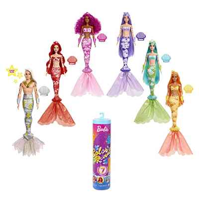Barbie Muñeca Sirena Color Reveal - Serie Sirenas Arcoíris - 7 Sorpresas - Cambia de Color con el Agua - Regalo para Niños de 3+ Años