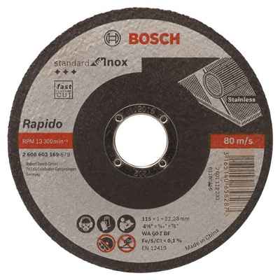 Bosch 2 608 603 169  - Disco de corte recto Standard for Inox - Rapido - WA 60 T BF, 115 mm, 22,23 mm, 1,0 mm (pack de 1)
