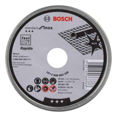Bosch 2 608 603 254 - Disco de corte recto Standard for Inox - Rapido - WA 60 T BF, 115 mm, 22,23 mm, 1,0 mm (pack de 10)