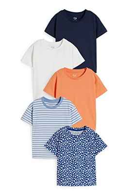 C&A Camiseta para niños y niñas, diseño de rayas, colores lisos, paquete de 5 unidades, azul, 98 cm