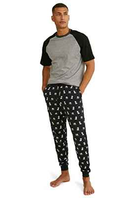 C&A Pijama de hombre estampado regular de corte regular | Color-Blocking viscosa|Algodón, negro/gris, L