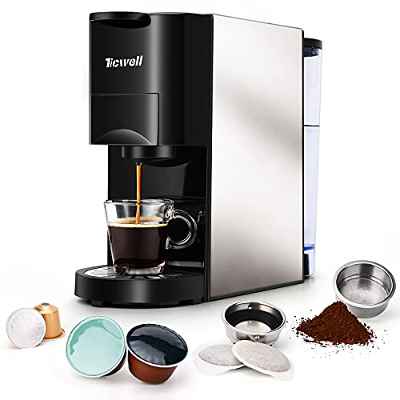 Cafetera 4 en 1,TICWELL cafetera multicapsulas,volumen de café programable,apagado automático|para Nespresso, Dolce Gusto, Pods|19 bar|depósito de agua de 0,8L