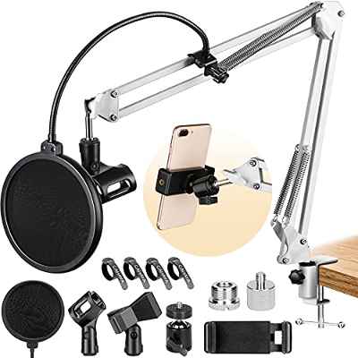 CAHAYA Soporte de Micrófono para Mesa Brazo de Micrófono Sobremesa con 2 Clip de Micrófono y Filtro Anti-pop Compatibles con Micrófonos o Teléfonos Color Blanco Modelo CY0263-2