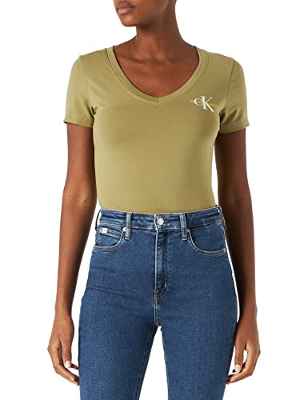 Calvin Klein Jeans Camiseta con Cuello en V con Logotipo de Monograma, Faded Olive, L para Mujer