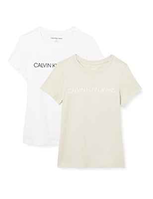 Calvin Klein Jeans Camiseta con Logotipo institucional (2 Unidades), Eggshell/Bright White, L para Mujer