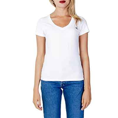 Calvin Klein Jeans CK Embroidery Stretch V-Neck T-Shirt, Bright White, S para Mujer