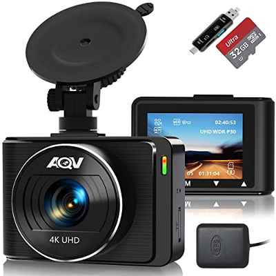 Cámara de Coche, AQV 4K Dash CAM con GPS, Gran Angular de 170 °, Supercondensador, Vision Nocturna, G-Sensor, Grabación de Bucle, WDR, Monitor de Aparcamiento, con Tarjeta 32G SD y Lector de Tarjetas