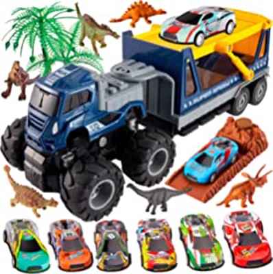 Camión de transporte de dinosaurios y coches de carreras 