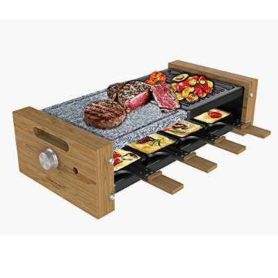 Cecotec Raclette Cheese&Grill 8400 Wood MixGrill. Potencia 1200 W, Superficie mixta Grill y Plancha, Termostato regulable, 8 Sartenes individuales, Diseño extraíble