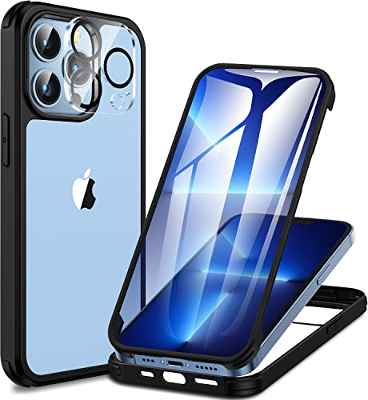 CENHUFO Funda iPhone 13 Pro, con Protector de Pantalla de Cristal Templado 9H Integrado y Protector de cámara 9H HD, 360 Grados Antigolpes Case Robusto Doble Bumper Carcasa para iPhone 13 Pro -Negro