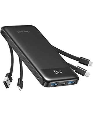 Charmast Powerbank 10000 mAh batería externa USB C Power Bank con 4 cables de carga integrados, cargador portátil, pantalla LED, compacto, Slim 6 salidas, compatible con iPhone, Huawei, Samsung Tablet