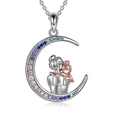 Collar de mamá Plata de ley Madre Hija Luna Colgante Collar Joyas Día de la madre Cumpleaños Aniversario de bodas para mamá Madre Hija