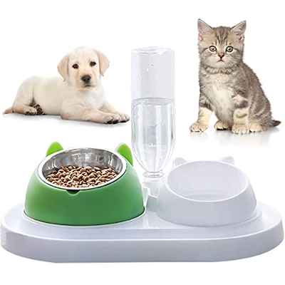 Comedero para Perros Gato Mascotas de Acero Inoxidable con Bebedero Automático, 15°Inclinación Tazón de Alimentación para Gatos, Se Puede Utilizar para Gatos y Cachorros (Verde)