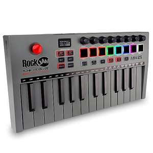 Controlador de teclado MIDI RockJam Go. USB y Bluetooth, 25 teclas con 8 almohadillas de batería retroiluminadas, 8 perillas.