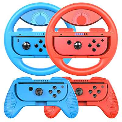 COODIO Volante y Grip Switch, Switch Joy-Con Racing Wheel Volante, Mandos Grip Joy-Con para Mario Kart Juegos / Nintendo Switch / Switch OLED, Rojo Neón / Azul Neón (Pack de 4 Deluxe)