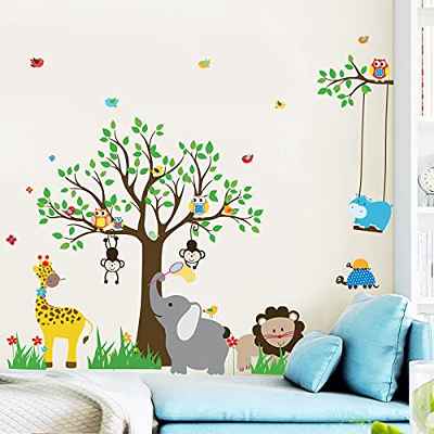 decalmile Pegatinas de Pared Animales Jungla Árbol Vinilos Decorativos Búhos Monos Elefante Adhesivos Pared Habitación Infantiles Niños Bebés Guardería (H:81cm)