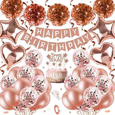 Decoración Cumpleaños para Mujeres Oro Rosa,Confeti Globos Oro Rosa De Feliz Cumpleaños con Adorno para Tarta, Pancarta, Borlas Brillantes, Globos De Cumpleaños para Niñas Adolescentes