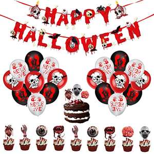 Decoración De Fiesta De Halloween Set. Globos, pancarta, decoración para tarta y cintas