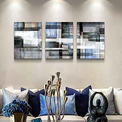 Decoración moderna de la sala de estar 3 piezas Cuadros Baño Abstracto Geométrico Lienzos decorativos Dormitorio Azul Blanco Bloque Estampado Cuadros Cocina Pasillo Hogar Decoración de la pared
