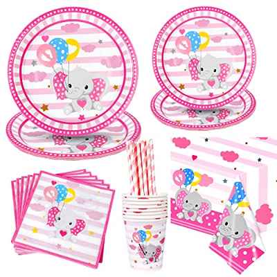 Decoraciones de baby shower para niña, kit de decoración de fiesta de cumpleaños de niña pequeña con platos, servilletas, tazas, mantel, pajitas para fiesta de cumpleaños de niña, baby shower (rosa)