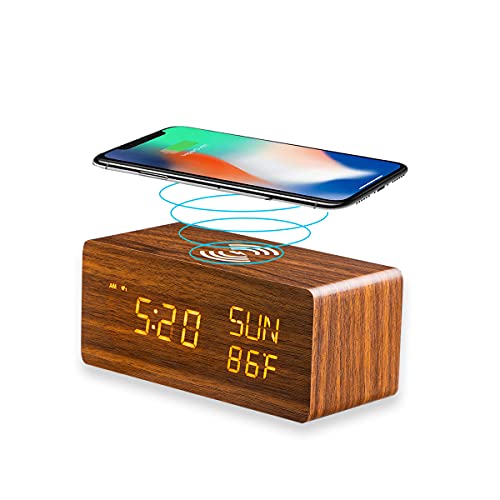 Despertador digital de madera con cargador inalámbrico