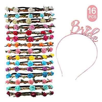 Diadema Flores Mujer, 15 pcs Coronas de Flores para el Pelo Mujer en Múltiples Colores +Diadema Despedida de Soltera Novia Amigas Diademas de Flores Mujer Tiara con Cinta Elástica Ajustable