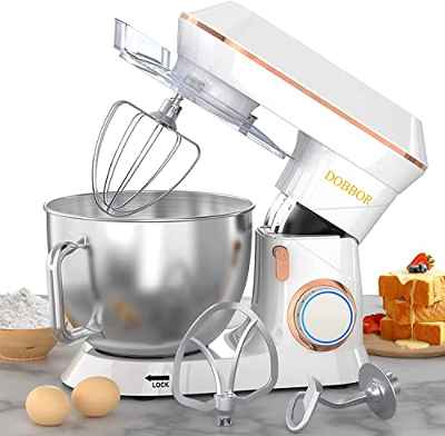 DOBBOR Batidora Amasadora 1500W, 9.5L Profesional Movimiento Orbital Robot de Cocina Amasador 5 Funciones (Amasar, Batir, Mezclar, Montar, Emulsionar), 7 Velocidades, Bol de Acero Inoxidable(Blanca)