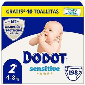 Dodot Pañales Bebé Sensitive Talla 2 (4-8 kg), 198 Pañales + 1 Pack de 40 Toallitas Gratis Cuidado Total Aqua